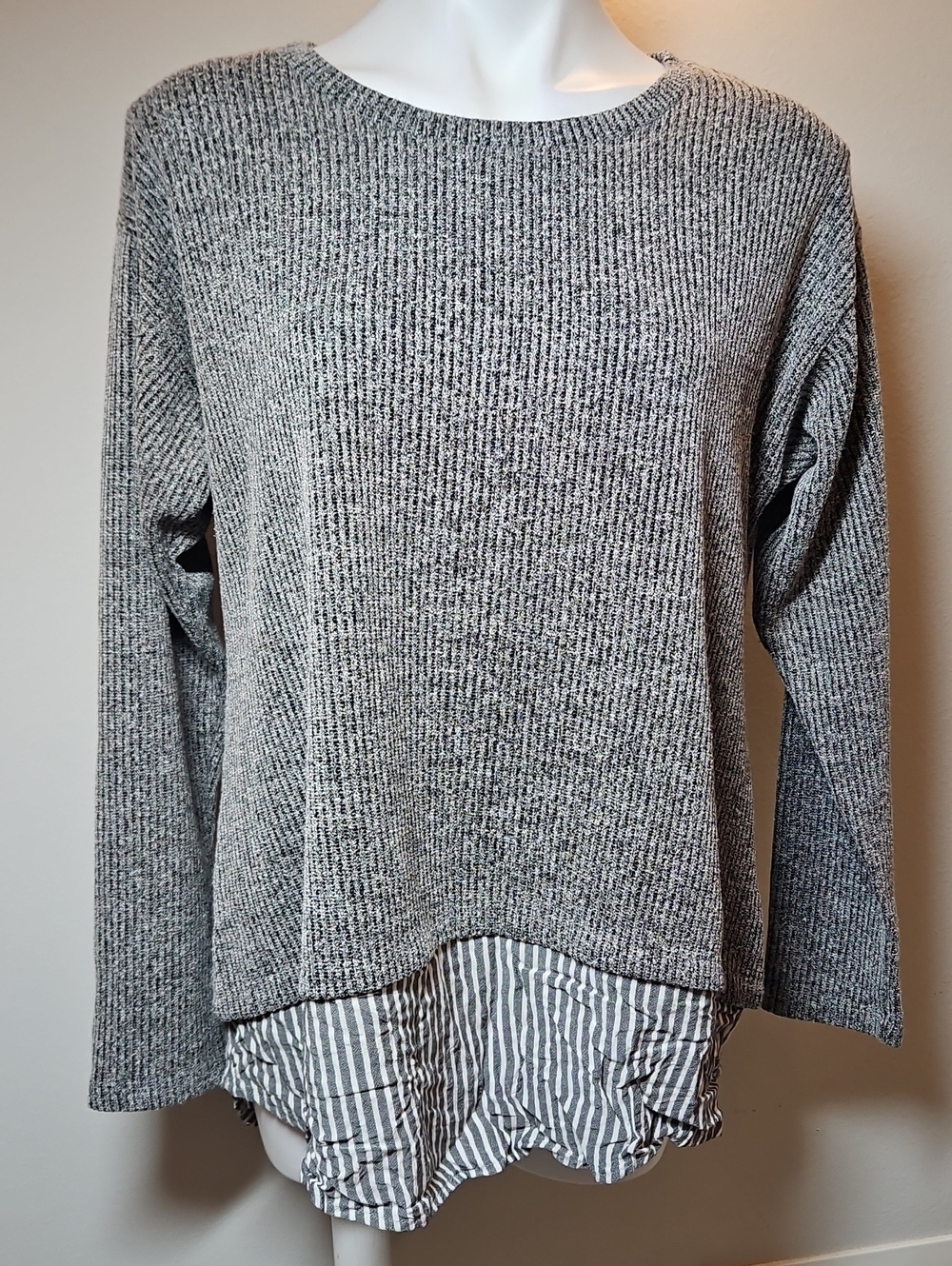 Boho Blue XL Gray Layered Knit Sweater - Casual Long Sleeve